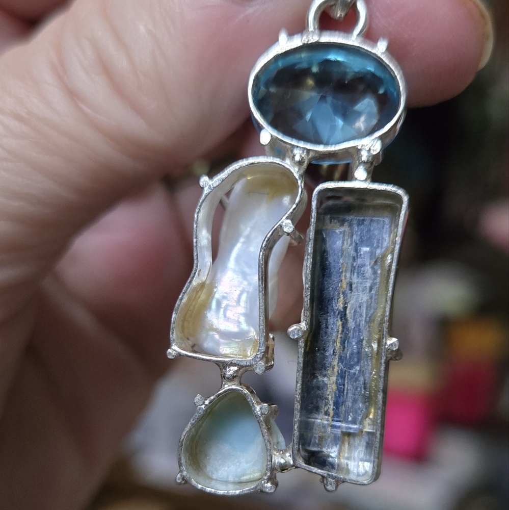 Blue topaz Kyanite Pearl & Larimar sterling silver pendant - Picture 7 of 8